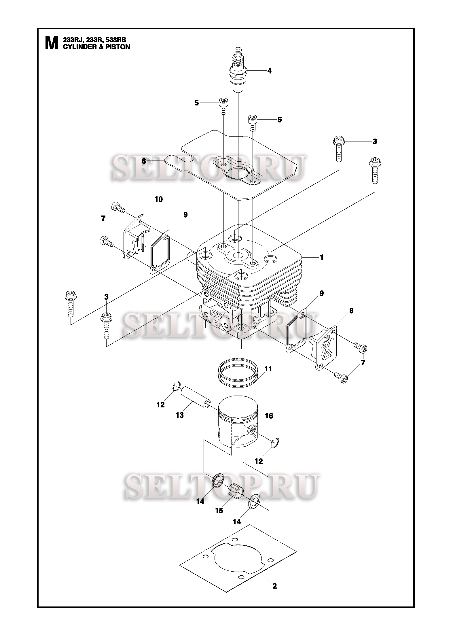 Поршень, цилиндр для триммера Husqvarna 233 R (c 2011-07)