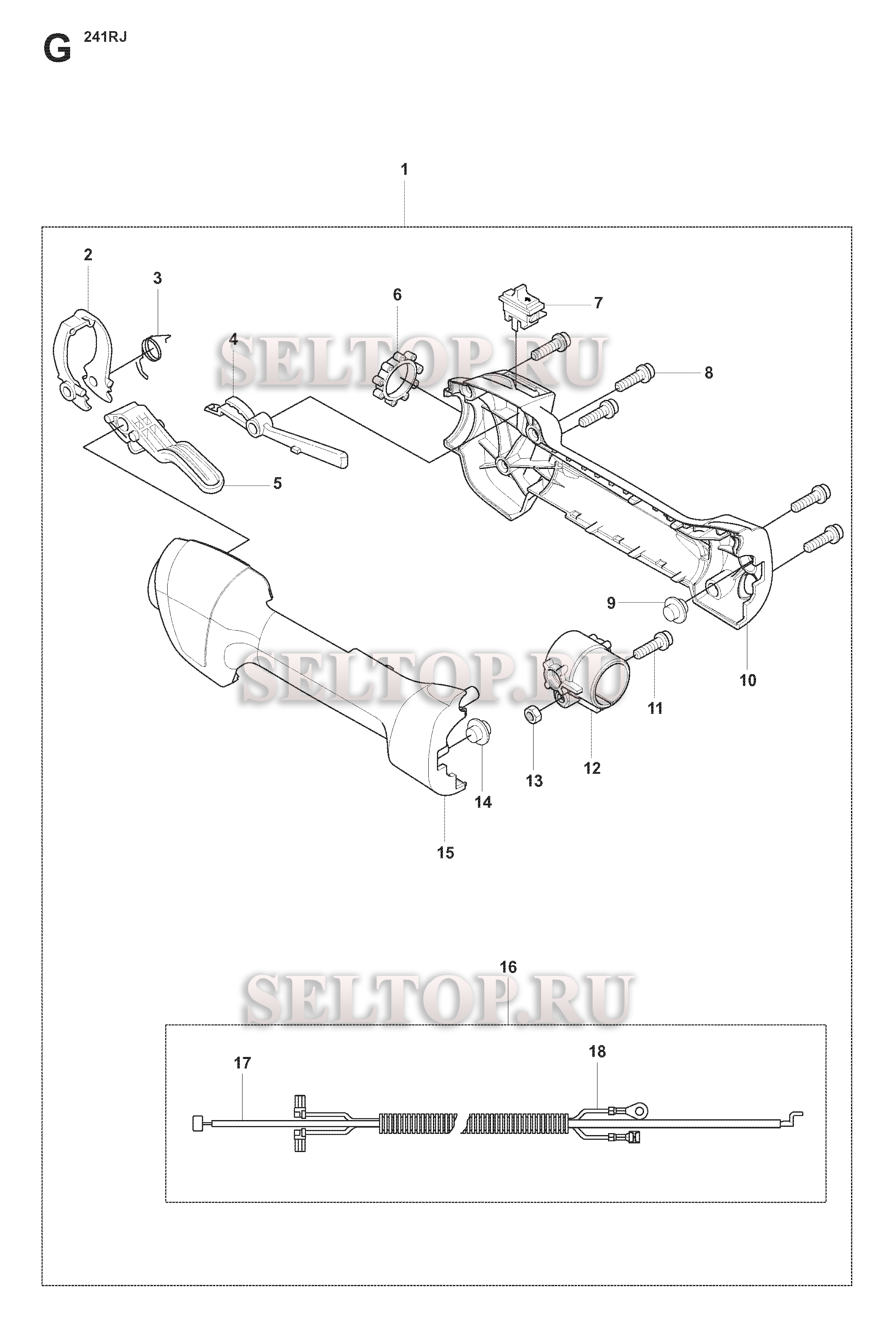 Ручка, рычаги управления (вариант 2) для триммера Husqvarna 241 RJ (c 2007-11)