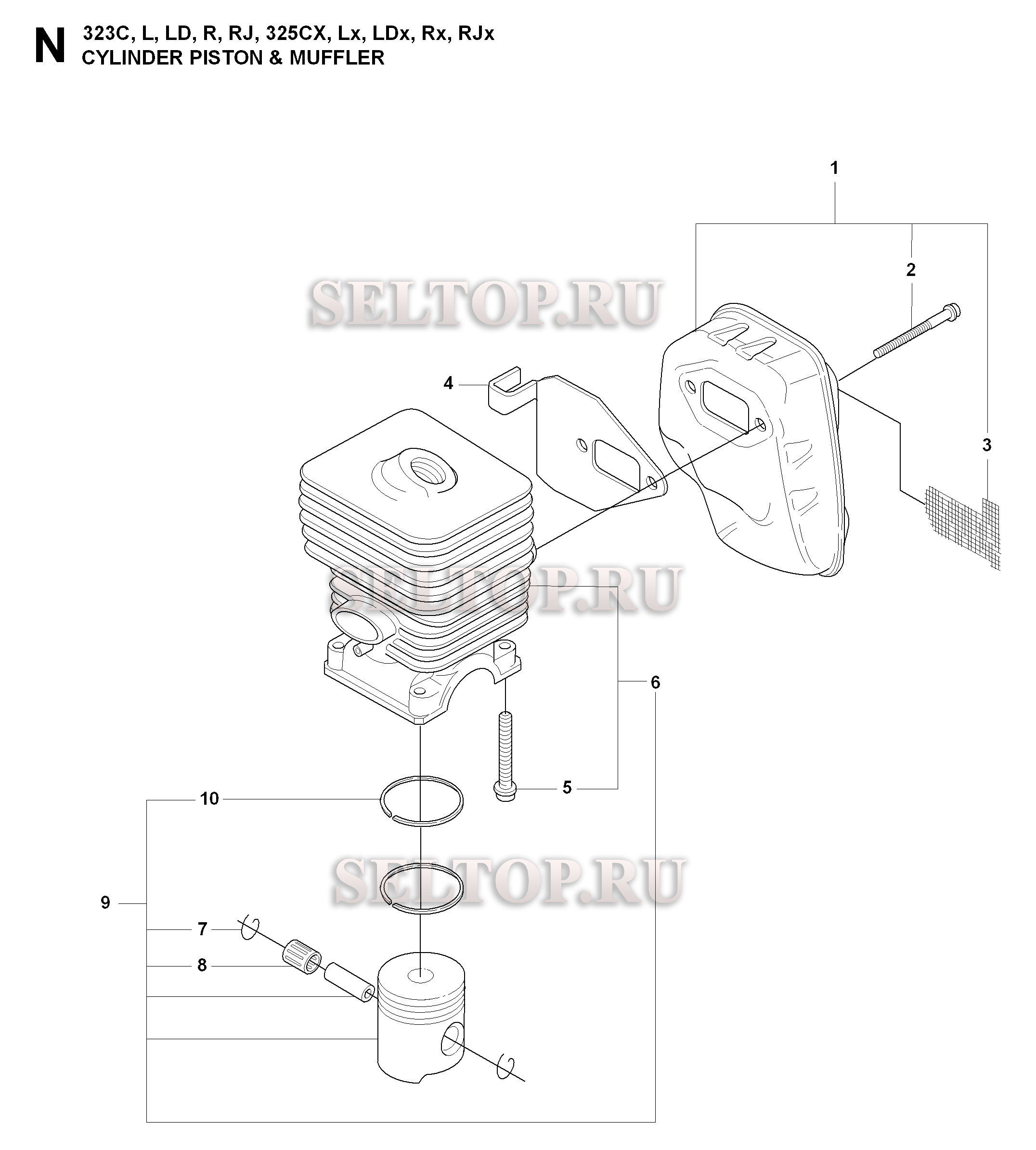Цилиндр, поршень, глушитель для триммера Husqvarna 325 RJX (c 2008-03)