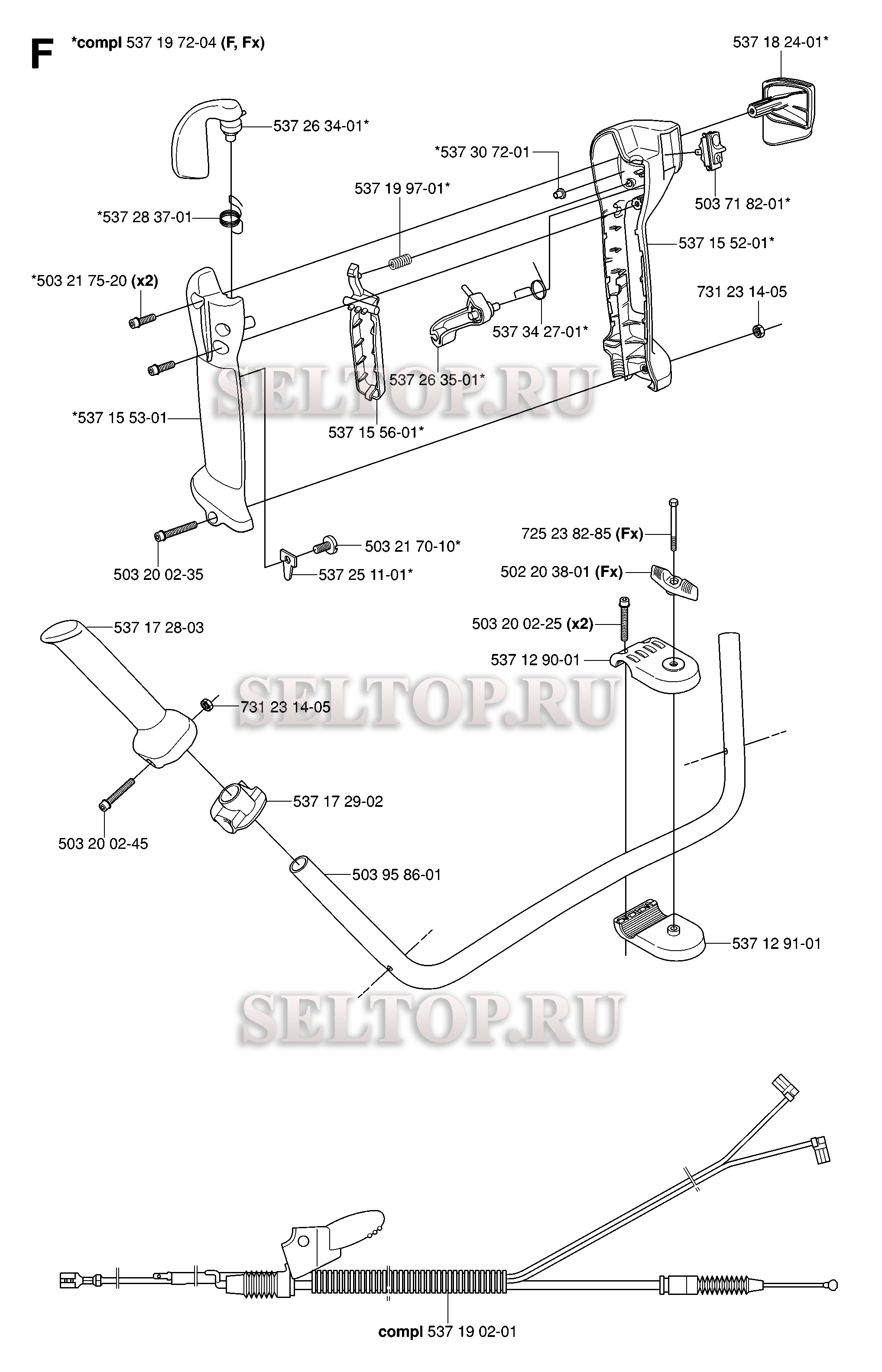 Ручка, рычаги управления (вариант 2) для триммера Husqvarna 343 F (c 2006-10)