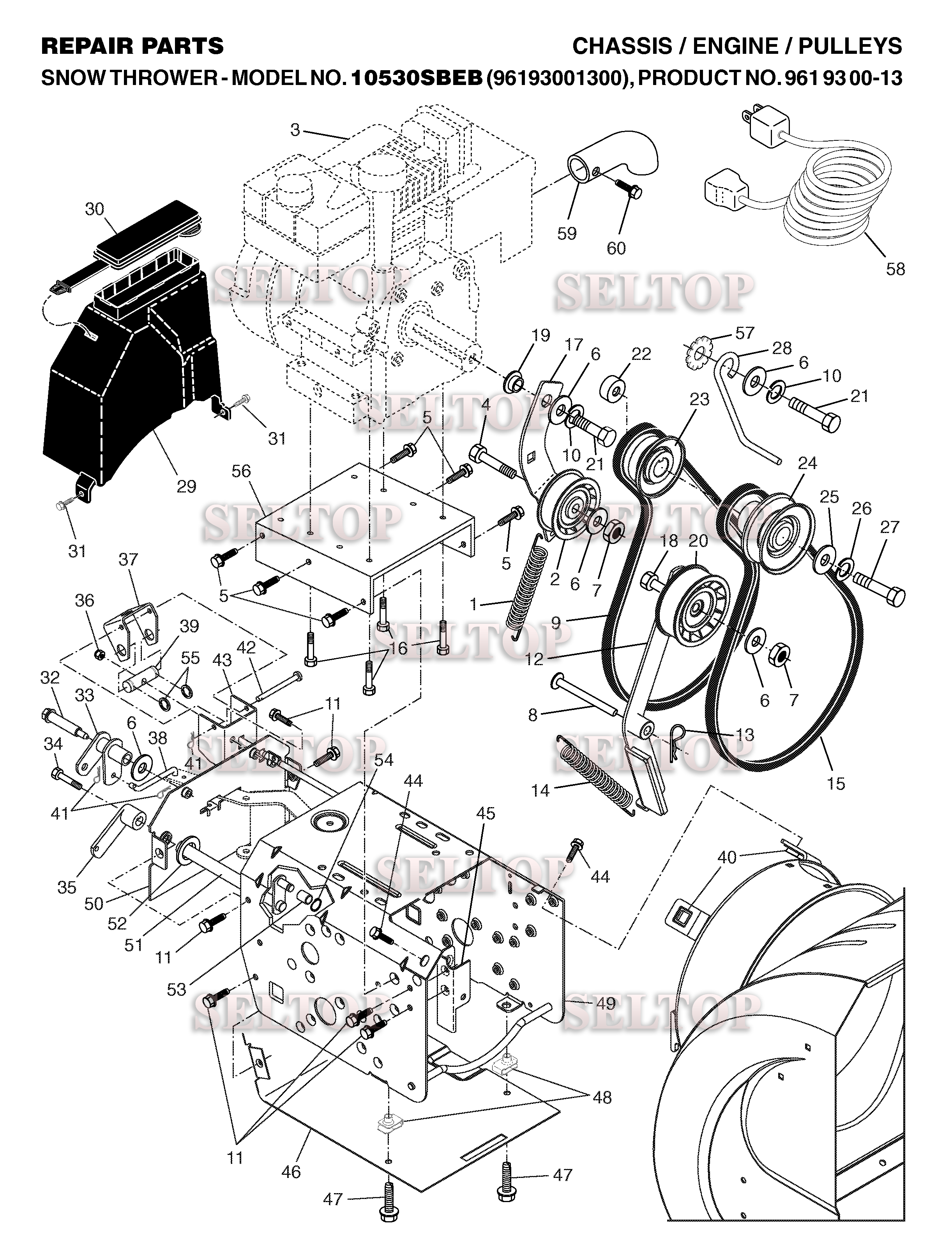 Шасси, двигатель, шкивы, ремни для Хускварна 10530 SBEB (артикул модели 961930013) (с 2006-06)