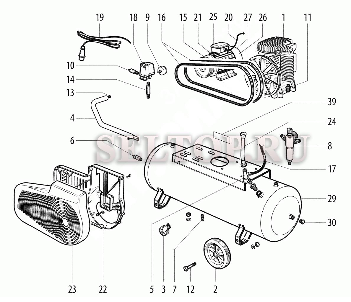 Запчасти для компрессора Metabo mega 650-270 d (тип 01543000) (общий вид) |  купить в Москве в интернет-магазине Селтоп с доставкой. Цены, наличие,  взрыв-схема.