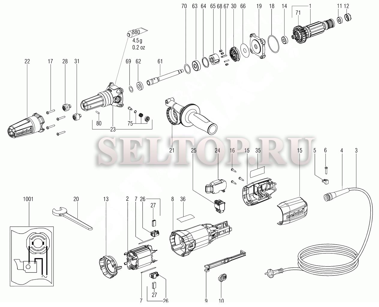 Запчасти для прямошлифовальной машины Metabo ge 950 g plus (6.00618.00)  (тип 00618000) | купить в Москве в интернет-магазине Селтоп с доставкой.  Цены, наличие, взрыв-схема.