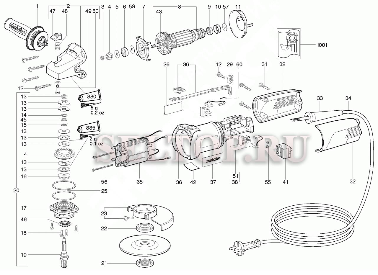 Запчасти для болгарки (ушм) Metabo w 10-125 quick (тип 01026001) | купить в  Москве в интернет-магазине Селтоп с доставкой. Цены, наличие, взрыв-схема.