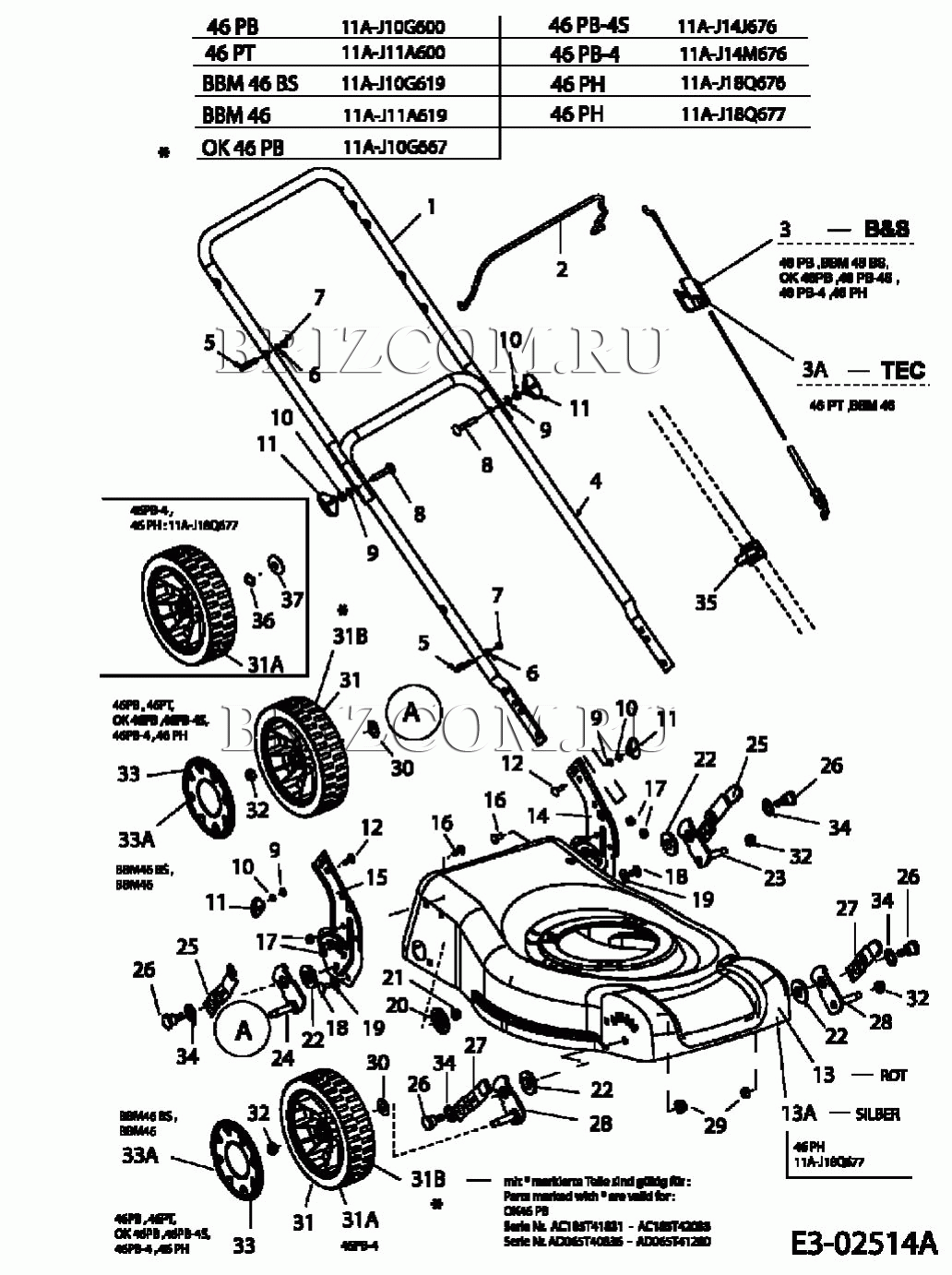 Ручка, колеса, регулятор высоты реза МТД 46 PH 11A-J18Q676 (2005)