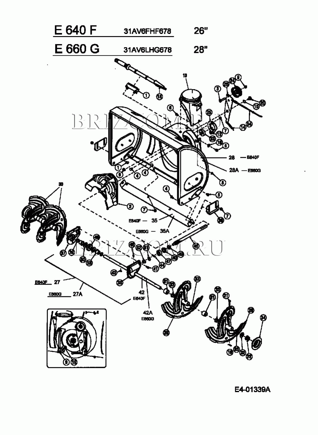Кожух шнека, шнек, коробка передач шнека МТД E 660 G 31AV6LHG678 (2006)