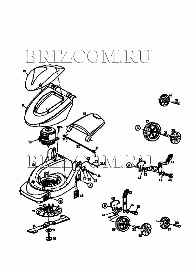 Электромотор, ножи, колеса МТД E 38 W 18A-G3F-664 (1999)