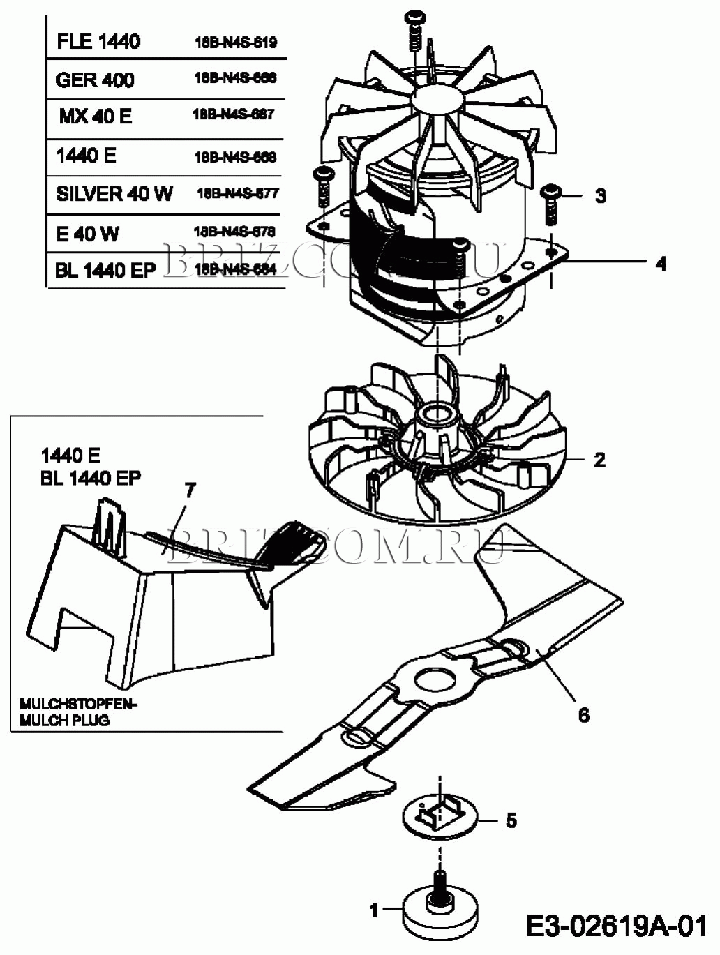 Электромотор, ножи, мульчирование МТД E 40 W 18B-N4S-678 (2006) | купить в  Москве в интернет-магазине Селтоп с доставкой. Цены, наличие, взрыв-схема.