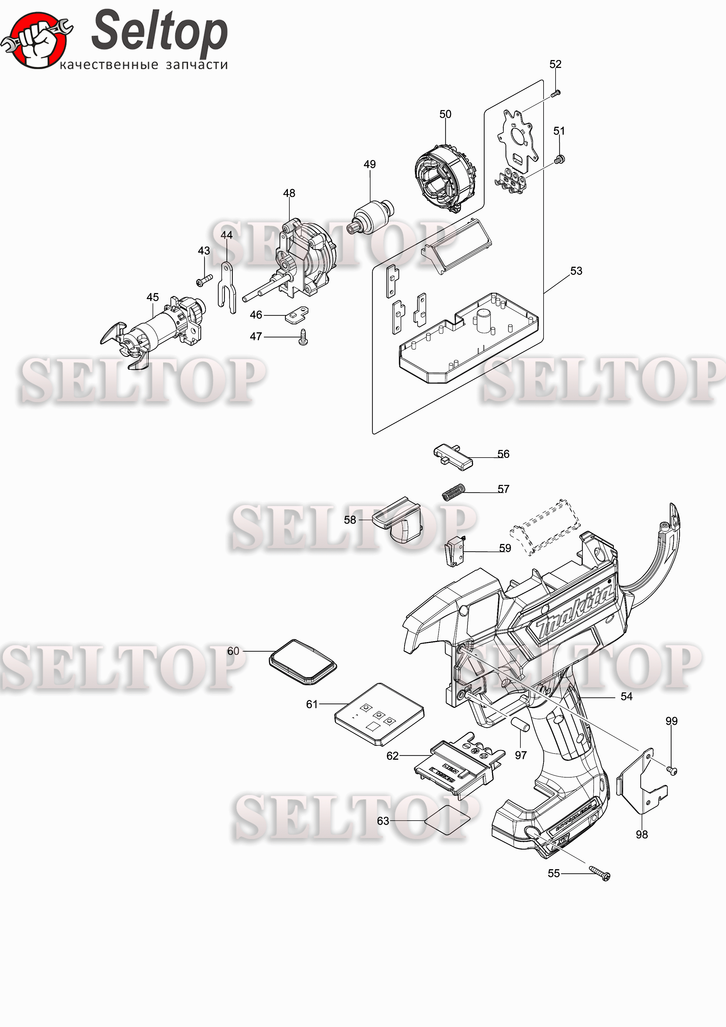 Запчасти для аккумуляторного пистолета для вязки арматуры Makita DTR 180  (схема 2) | купить в Москве в интернет-магазине Селтоп с доставкой. Цены,  наличие, взрыв-схема.